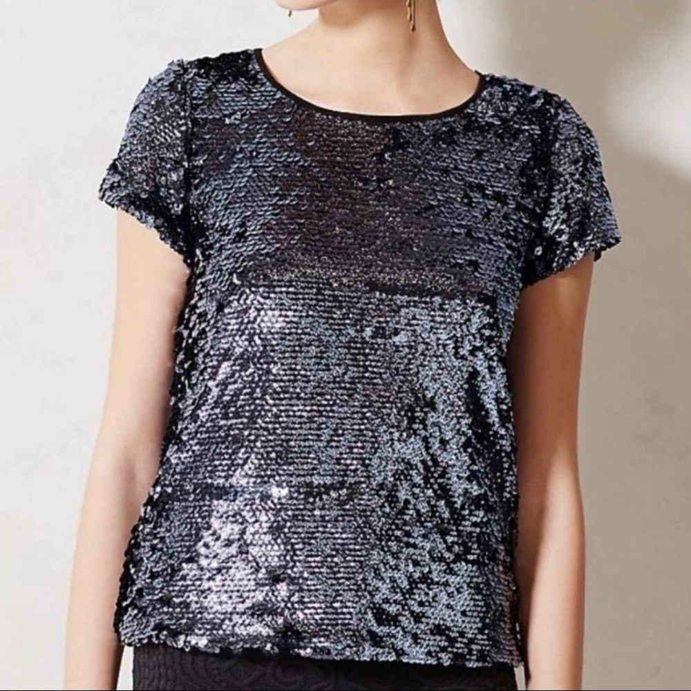 SOLD-Anthropologie Blue Jewel Tone Sequin Short Sleeve Blouse Tee - Picture 1 of 11